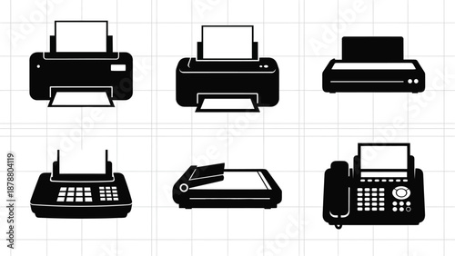 Black printer icons show document printing copying scanning in office or home workspace vector illustration on white background