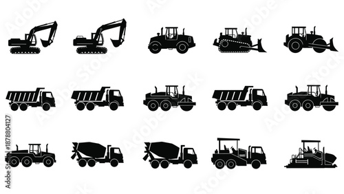 Construction vehicles vector silhouette set providing construction industrial and engineering equipment solutions on white background