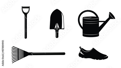 Gardening tools and footwear arranged in a graphic vector illustration for horticulture and lawn care projects on white background