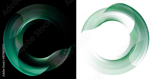 Valokuva Green arcing striped layered planes create a circular three-dimensional frame on white and black backgrounds