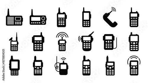 Assorted radio communication devices depicted as minimal black vector icons for telecommunications equipment on white background