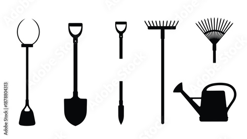 Gardening tools arranged in a row offer utility for yard work and outdoor garden maintenance tasks on white background