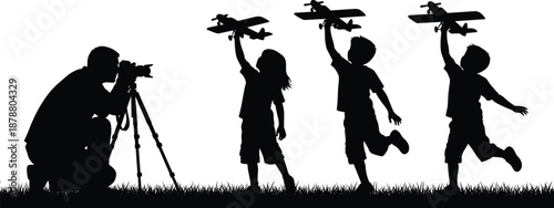 Father photographing children playing with toy airplane silhouette isolated on white background family childhood creativity imagination illustration concept