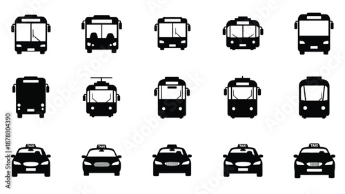 Various black public transportation icons including buses and taxis arranged in rows offer diverse transport on white background