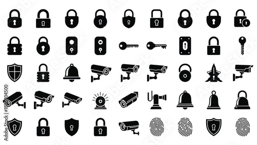 Security system icons array featuring surveillance cameras padlocks keys shields and fingerprint scans on white background