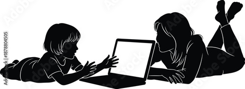 Mother and child using laptop silhouette isolated on white background online learning family technology education lifestyle illustration concept