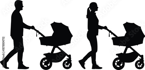 Parents with baby stroller silhouettes walking together childcare family parenting lifestyle motherhood fatherhood outdoor daily life illustration