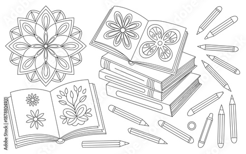 A minimalist line art illustration of coloring books and pencils for adult relaxation and creativity