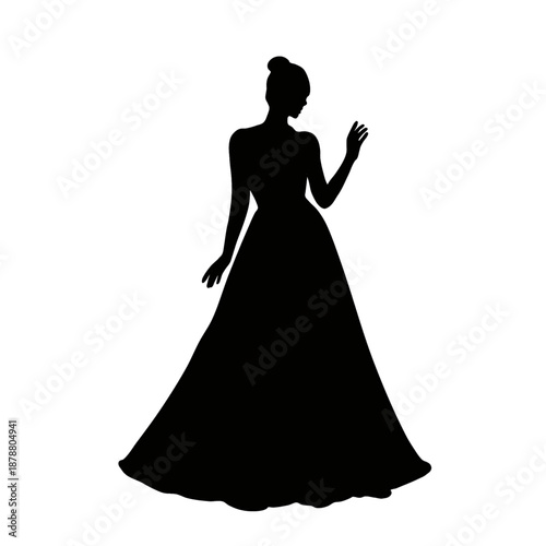 A black silhouette of a woman in a flowing gown with her hair styled in a bun.
