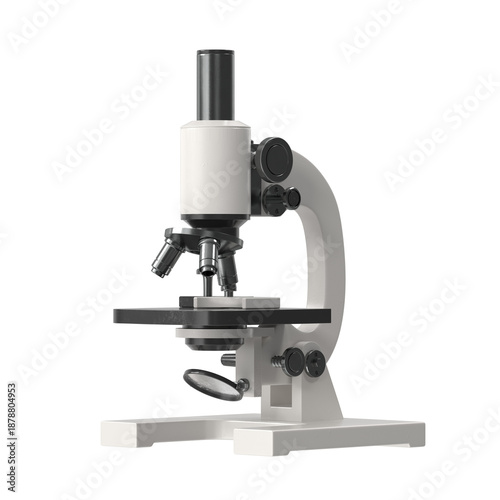 Modern white laboratory microscope with black accents on a white background