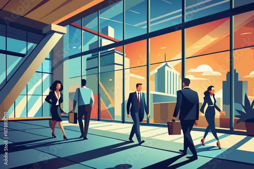 Professionals walking in modern office building with city view