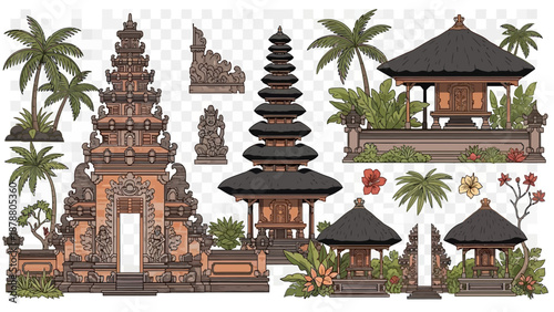 A collection of traditional Balinese temple architecture elements, including ornate gates, multi-tiered pagodas, and pavilions, surrounded by tropical palm trees and vibrant flowers.
