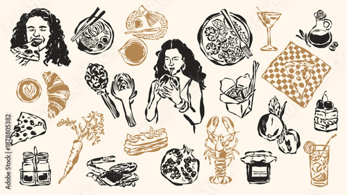 Ink drawing food and beverage illustration set. Doodles for menu, restaurant or cafe branding, postcards, greeting cards.