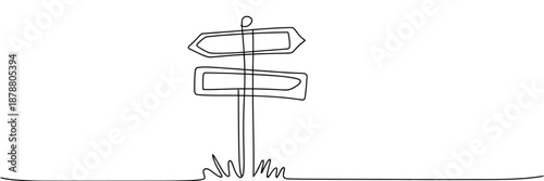 Wooden Signpost continuous line drawing with two blank directional arrows pointing outward, minimalist black outline on white background.