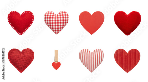 Red heart decoration set including felt, gingham, wooden, velvet, burlap, striped, and corrugated textures isolated. Valentine's day craft and romantic love concept.