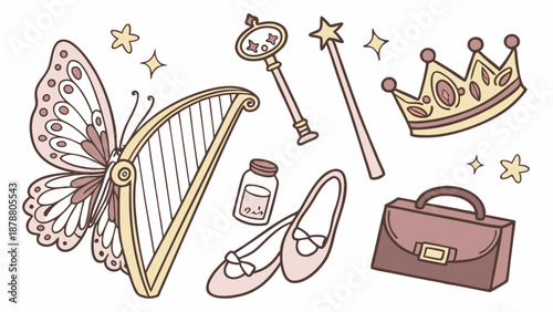 Fairy Tale Princess Objects Clipart Set Harp Crown Shoes Wand for Magical Storytelling Design Projects