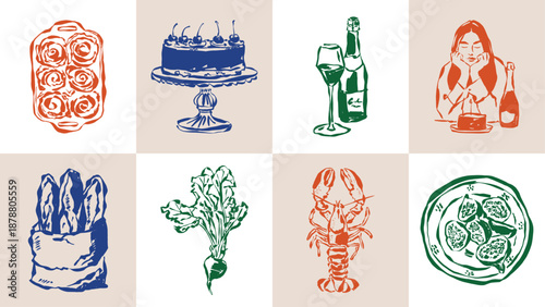 Ink drawing food and beverage illustration set. Doodles for menu, restaurant or cafe branding, postcards, greeting cards.