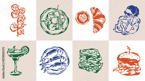 Ink drawing food and beverage illustration set. Doodles for menu, restaurant or cafe branding, postcards, greeting cards.