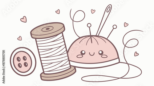 Cute Kawaii Sewing Kit with Thread Spool Button and Pincushion for Crafting Design Projects