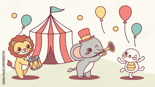 Cute Circus Parade with Lion Drummer Elephant Musician and Seal for Children Party Invitations Web Banners