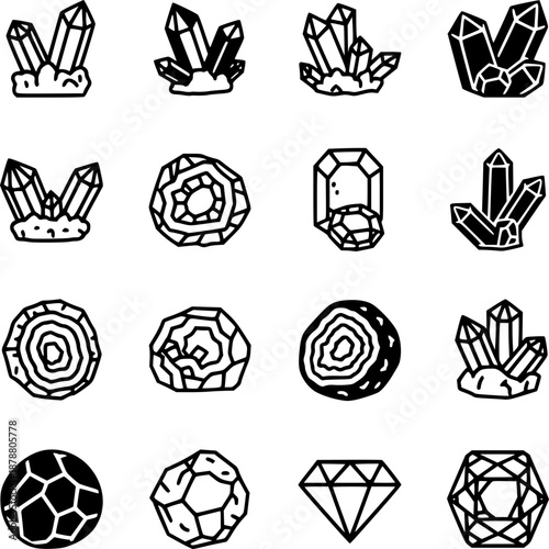 Hand drawn vector collection featuring crystal and gems illustrations as a silhouette art design set