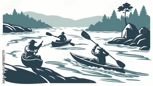 Adventurous Kayakers Canoeing Down Rushing River Rapids for Outdoor Recreation and Summer Travel Promotion