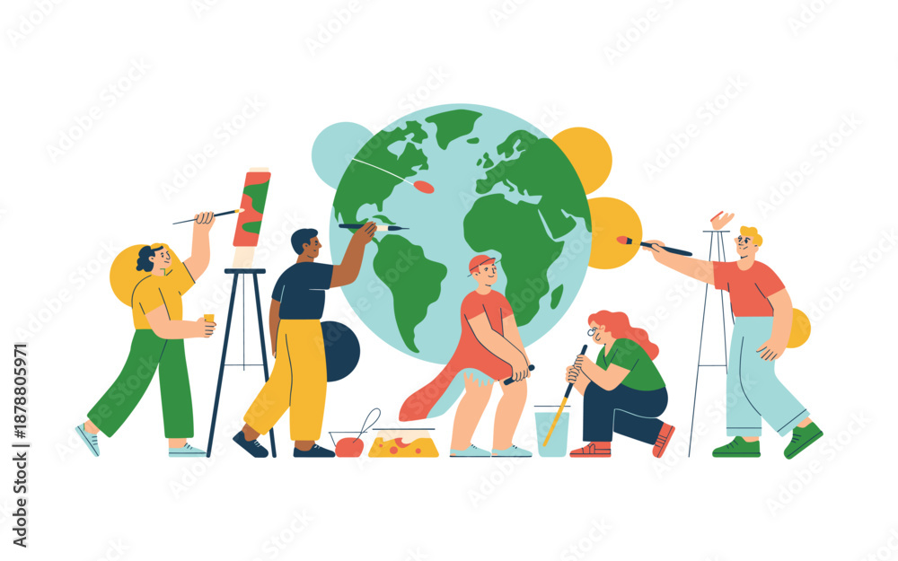 Fototapeta premium A group of diverse people painting a colorful globe with large brushes and paint rollers in a vibrant and collaborative scene