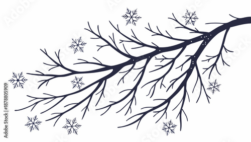 Bare Winter Tree Branch Falling Snowflakes Seasonal Design Element for Holiday Greeting Cards Website Banners