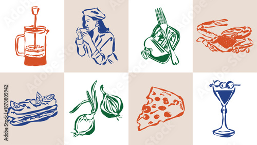 Ink drawing food and beverage illustration set. Doodles for menu, restaurant or cafe branding, postcards, greeting cards.