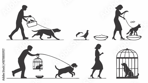 Pet Care Icons Silhouettes Showing Dog Walking Cat on Leash and Bird in Cage for Animal Lovers Web Design