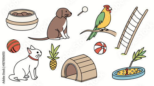 Cute Pet Supplies Illustration for Vets Groomers Pet Stores Web Design Happy Animal Owners