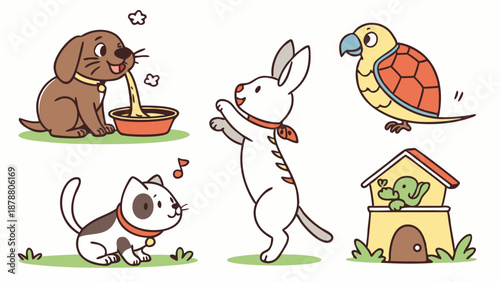 Cute Happy Pets Collection Dog Cat Rabbit Bird Turtle Illustration for Veterinary Websites Child Education Materials
