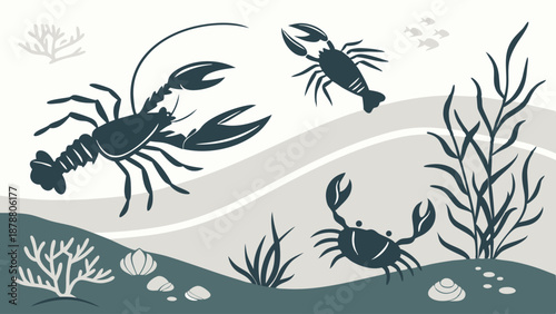 Underwater Seafood Silhouette Design Lobster Crab Seaweed Menu Illustration Perfect For Seafood Restaurant Branding And Menu Design