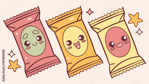 Cute Kawaii Snack Packages for Candy or Chip Branding Fun Food Packaging Design for Kids Websites