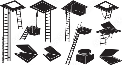 Black and white illustration of various ladders and hatches