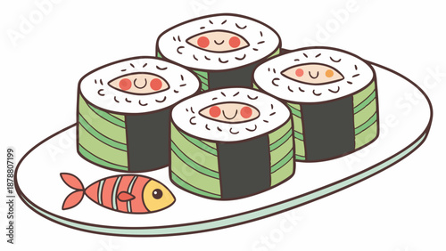 Cute Kawaii Sushi Rolls with Happy Faces on Plate for Food Blog Recipe Design Fun Asian Cuisine Illustration