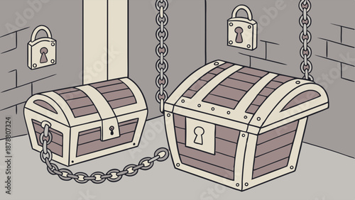 Locked Treasure Chests Chained Together in Dungeon Storage Representing Security, Savings, or Hidden Assets for Finance Web Design.
