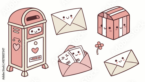 Cute Kawaii Pink Mailbox Letters Envelope Set for Valentine's Day Greeting Card Design and Sweet Correspondence Projects