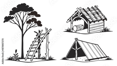 Rustic Survival Shelter Building Illustrations for Camping Adventure Guide or Wilderness Education Web Design
