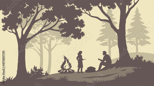 Silhouetted Couple Camping By Campfire In Forest Woods For Outdoor Adventure Storytelling Or Relaxation Travel Design