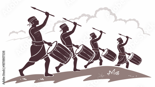 Rhythmic Tribal Drummers Parade Outdoors Celebrating Cultural Festival or Energetic Team Building Event