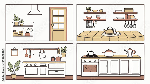 Cozy Minimalist Kitchen Interior Design Four Views for Home Decor Websites and Cooking Blog Graphics