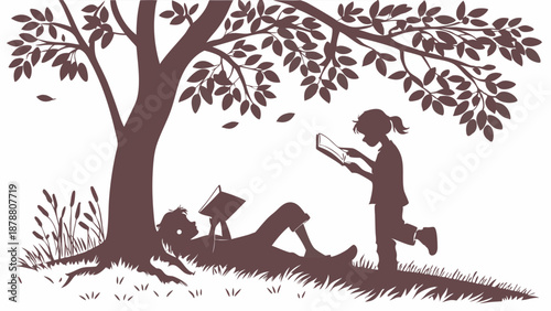 Children Reading Books Under Shade Tree Summer Vacation Outdoor Education Illustration Silhouette for Library Promotion or Learning Materials