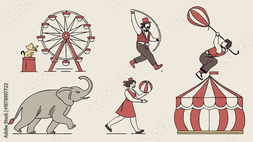 Vintage Circus Carnival Icons Set Elephant Ferris Wheel Performers for Fairground Event Design Joyful Summer Entertainment Graphics