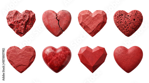 Red heart stone set including volcanic, cracked, polished, faceted, and smooth textures isolated. Romantic concept and symbol collection.