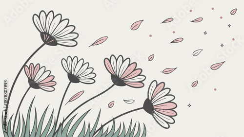 Wind Blown Daisies Blowing Petals in Spring Meadow for Nature Website Design or Seasonal Greeting Card Background