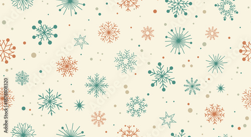 Seamless winter pattern with various stylized snowflakes and dots in muted green and orange on a cream background.