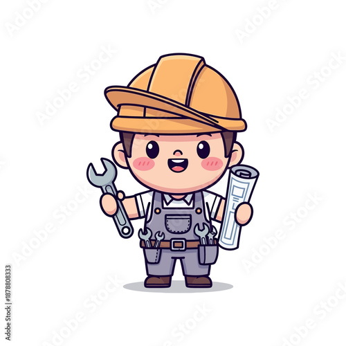 A cheerful cartoon worker holds a wrench and blueprint standing confidently outdoors.