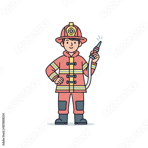 A smiling cartoon firefighter stands heroically holding a hose.