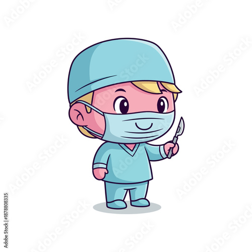 Surgeon cartoon character in blue scrubs holding scalpel in hospital setting